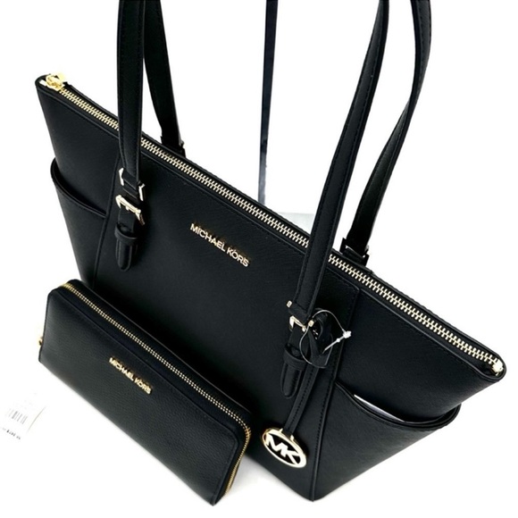 Michael Kors Large Charlotte Tote Bag & Large Continental Wallet Wristlet Black - Picture 11 of 14